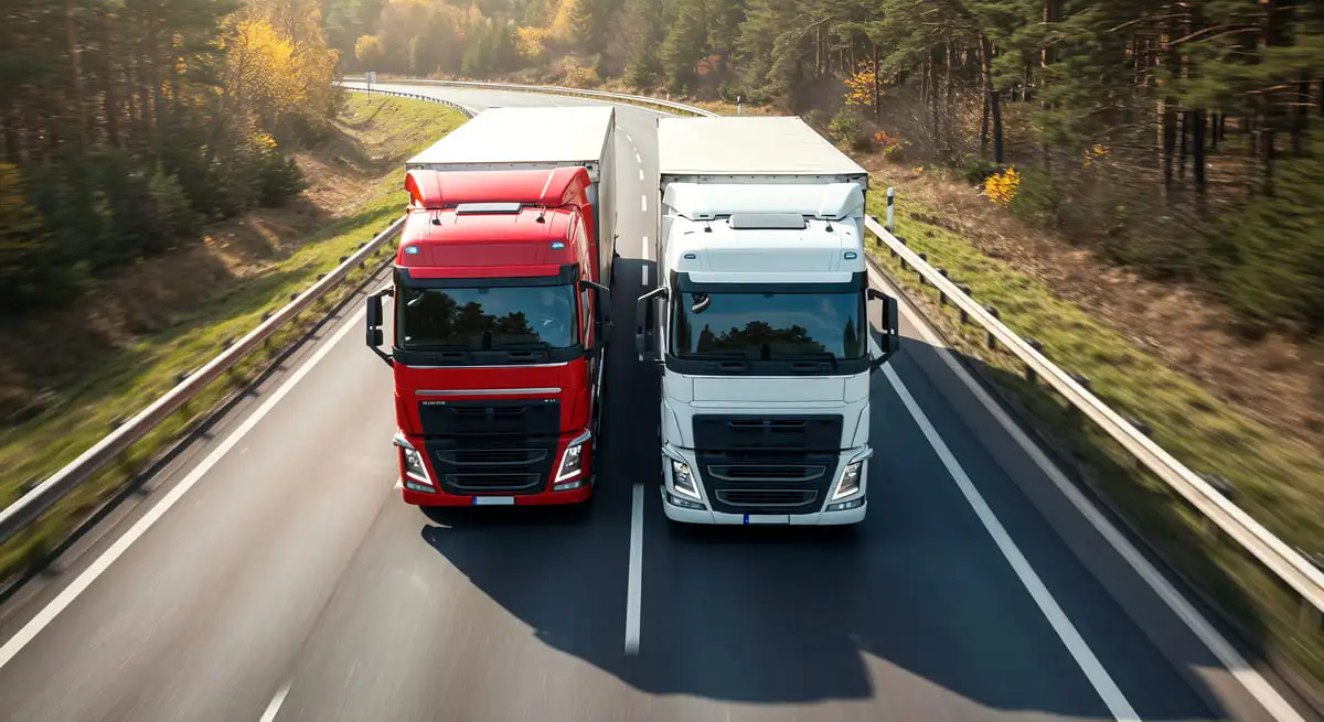 Un camion rouge et un camion blanc qui roulent côte à côte