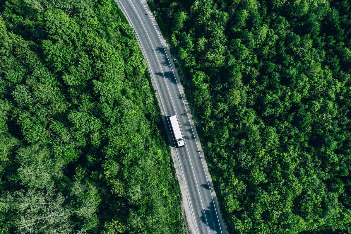 Camion en train de rouler dans la foret
