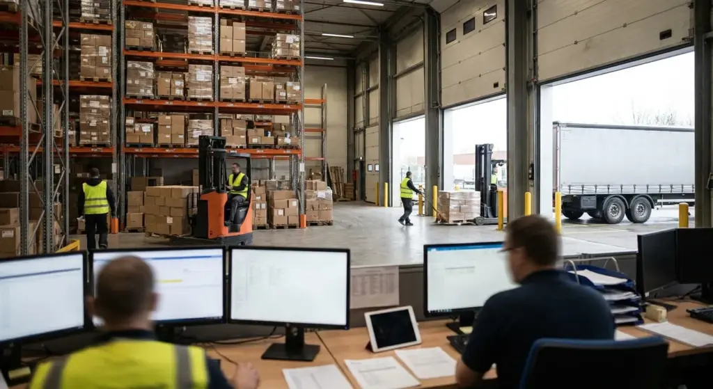 employé dans un entrepôt en train de répondre à des devis prestataire logistique e-commerce, pendant que d’autres chargent des camions.