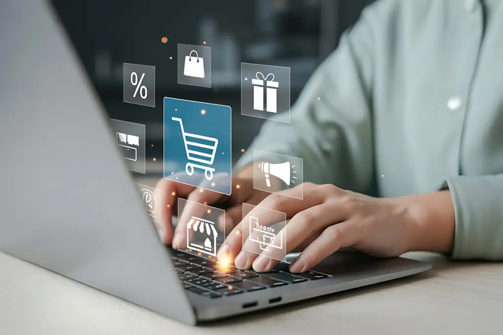 Mains qui tapent sur un ordinateur pour chercher un tarif logistique e-commerce pour produits lourds.